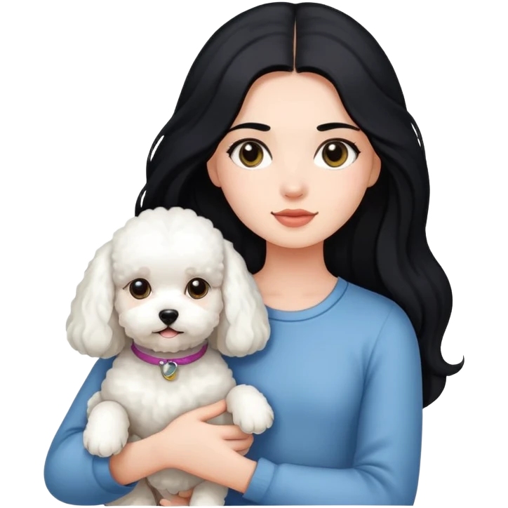 A girl with long black hair holding a bichon emoji