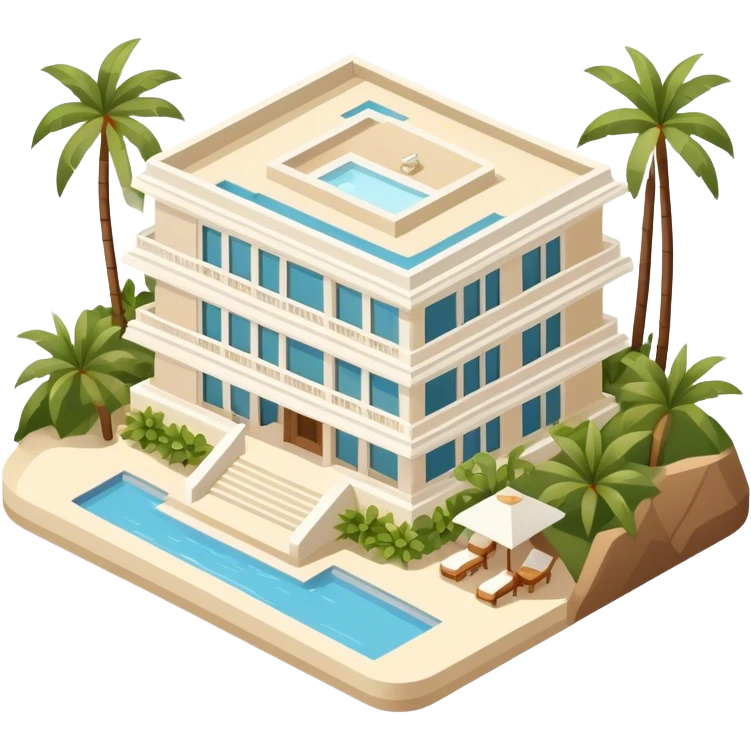 White and beige luxury resort hotel Hawaii, isometric exterior emoji
