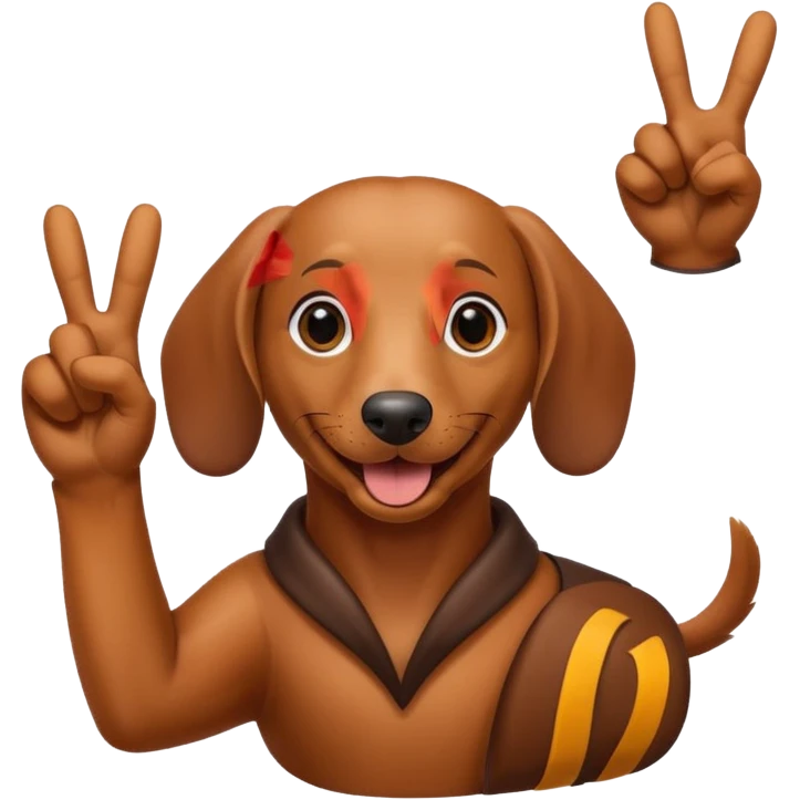 Create a dachshund showing a victory sign with his fingers emoji