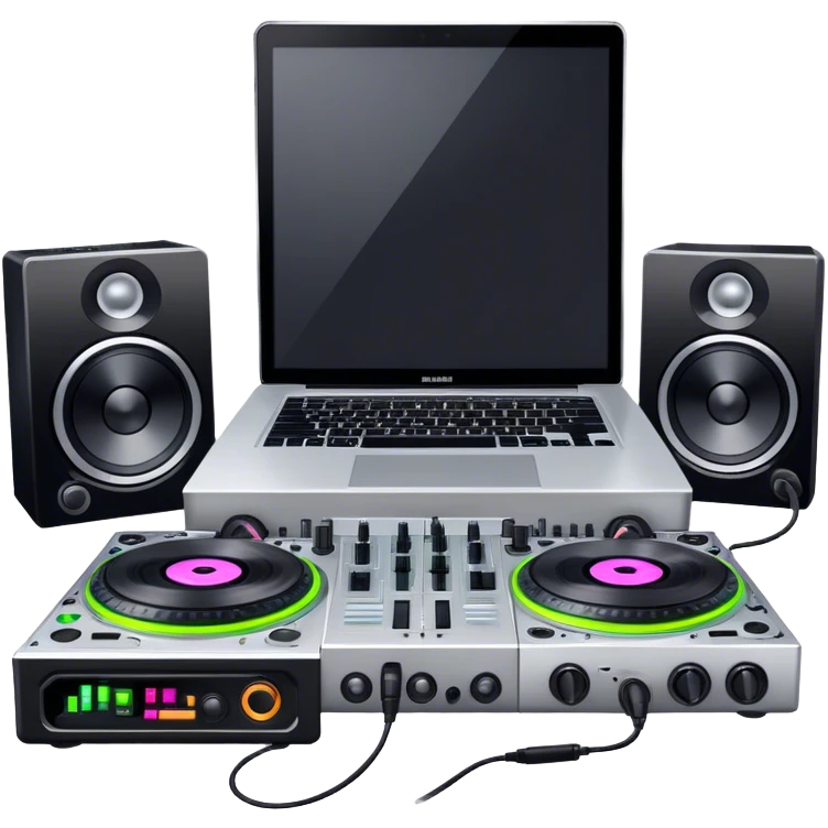 Create a professional and technical emoji that represents remixing music. The design should feature a high-end DJ controller, turntables with vinyl records, and a sound mixing console with faders to symbolize the technical aspects of remixing. Include elements like studio headphones and a laptop or digital audio workstation (DAW) screen to reflect the tools used in music production. Use colors like black, silver, and neon accents to convey the professional, high-tech nature of remixing. The background should be transparent. emoji