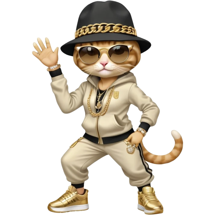 female cat wearing Run DMC hip-hop outfit with tracksuit, fedora, Adidas sneakers, dark sunglasses, many gold chains and bling accessories, break dancing emoji