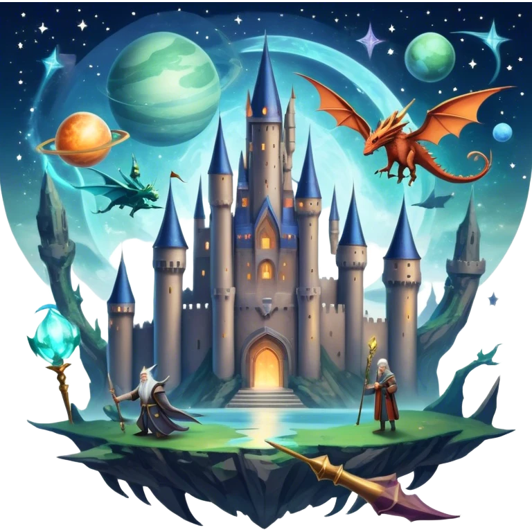 Icon for Fantasy and Sci-Fi Movies: A magical collage with flying dragons and futuristic spaceships. Stars and planets shimmer in the background with a mystical castle Hogvards and an ancient wizard holding a staff. The atmosphere is epic, otherworldly and adventurous. Transparent background. emoji