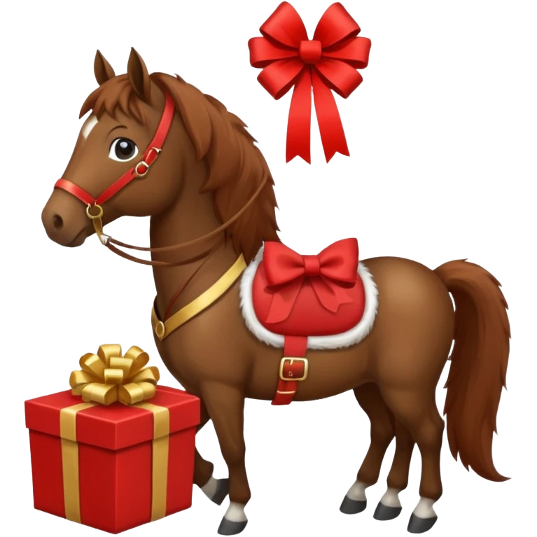 a New Year's horse with a red saddle, which has a red gift box with a white bow on the saddle emoji