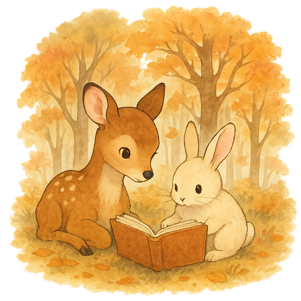 cute deer and bunny reading together in a soft autumn forest scene, ghibli style emoji