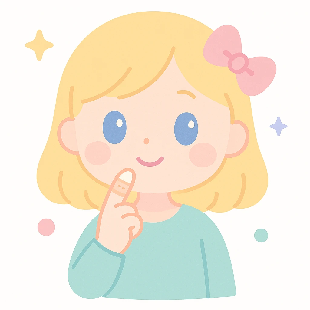 blonde-haired, blue-eyed, fair-skinned girl with a bandaged index finger, finger on chin in a thoughtful pose, soft anime style emoji