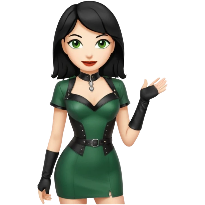 🕵🏻‍♀️💦🧥 black hair , green eyes ,dominatrix dress , laughing  emoji