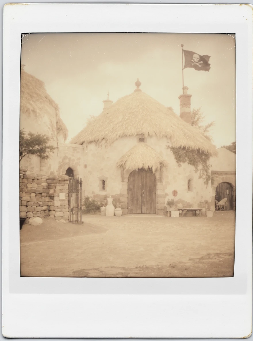 old pirate's house with skull flag emoji
