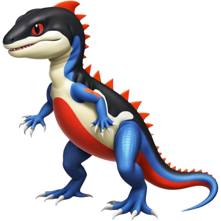 Black and white Orca-hybrid-reptile-reptilian-lizard-skink-gecko-Digimon-Fakémon-Pokémon-fusion-hybrid full body, two legs, two arms, claws, anthropomorphic, with red stripe emoji