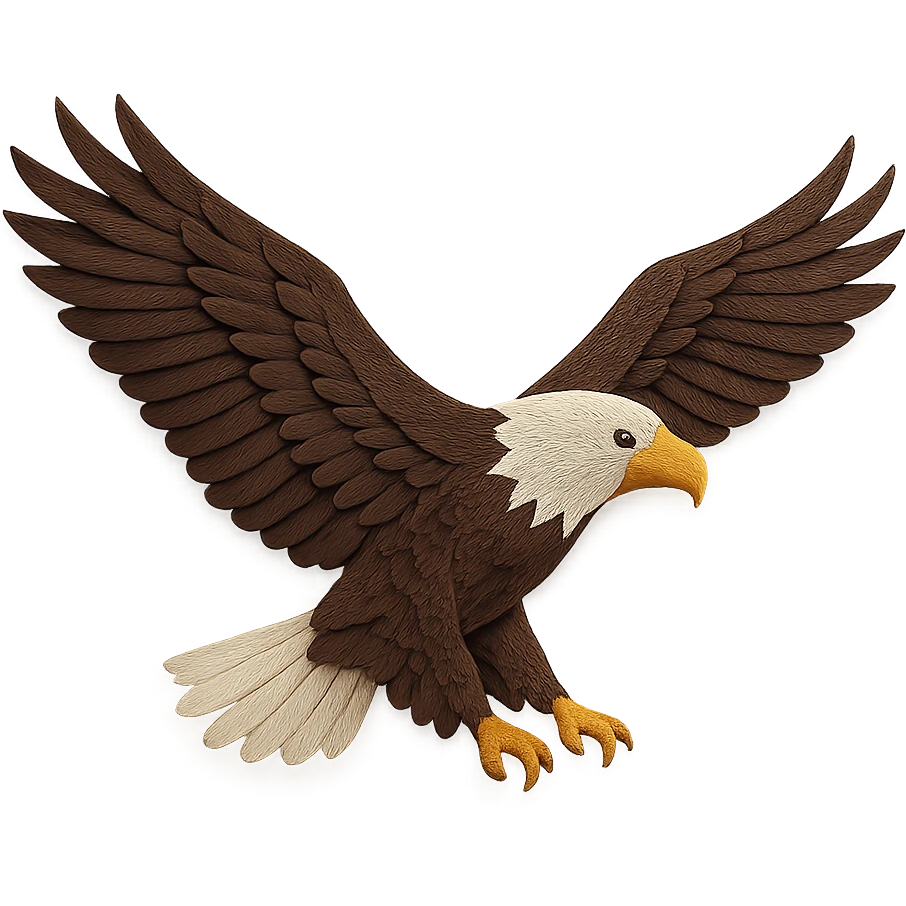 very detailed bald eagle in flight, paper craft style, intricate cut paper textures, white head, yellow beak, dark brown wings spread wide, realistic markings emoji