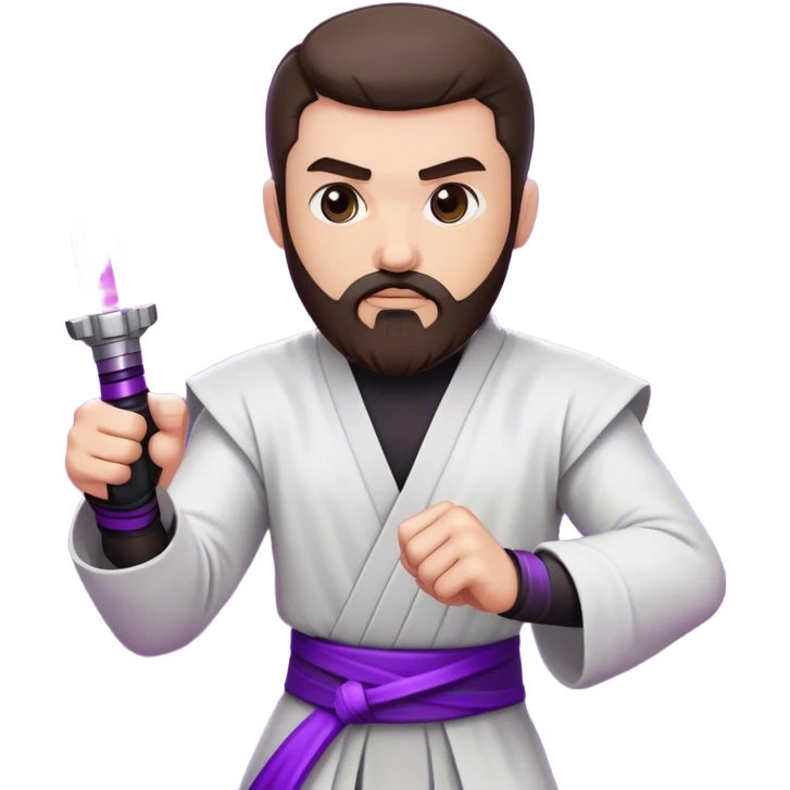 white man with dark brown beard and goatee  standing in a fighting pose holding a purple lightsaber  emoji