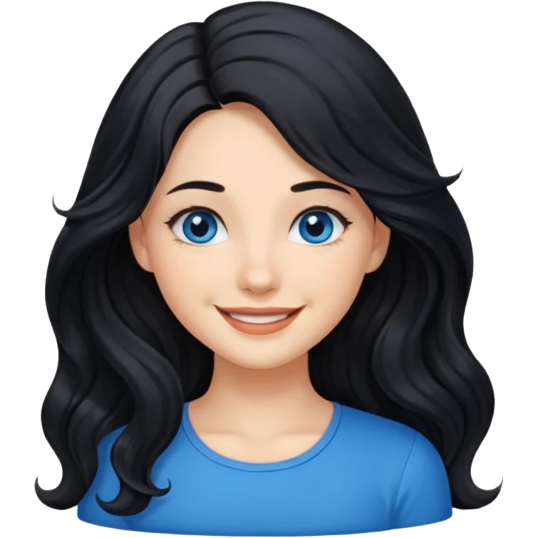 Please generate a portrait of a pretty girl with long, wavy, black hair. She's smiling. She also wears a left side parting. emoji