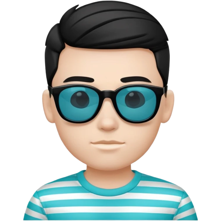 A cartoon boy wearing a shirt that is cyan with black horizontal stripes and wearing black and white sunglasses emoji