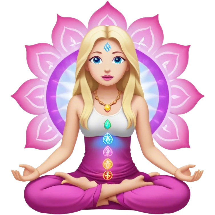 Cinematic realistic blonde with long hair, blue eyes, pink lips meditates, her chakras glow emoji