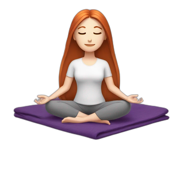 redhead white woman long medium straight hair, meditating on a violet blanket emoji