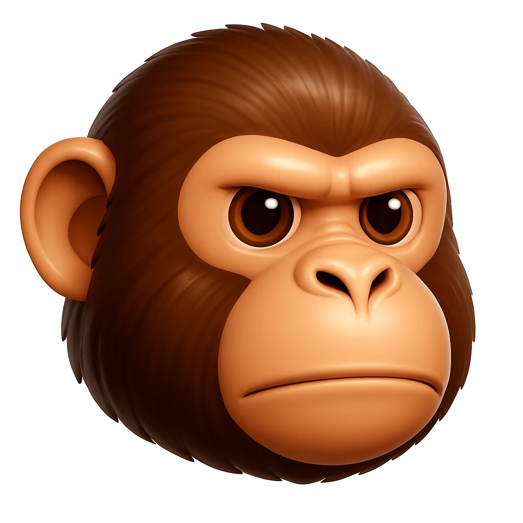 Keep the image exactly the same, just make the fur brown instead of green. iOS emoji style, 3D, shiny, smooth gradients, soft shadows, realistic chimpanzee face, classic emoji look. Add a glossy effect to the fur. The style should resemble the iOS 3D emoji style with shiny and smooth gradients and soft shadows. emoji