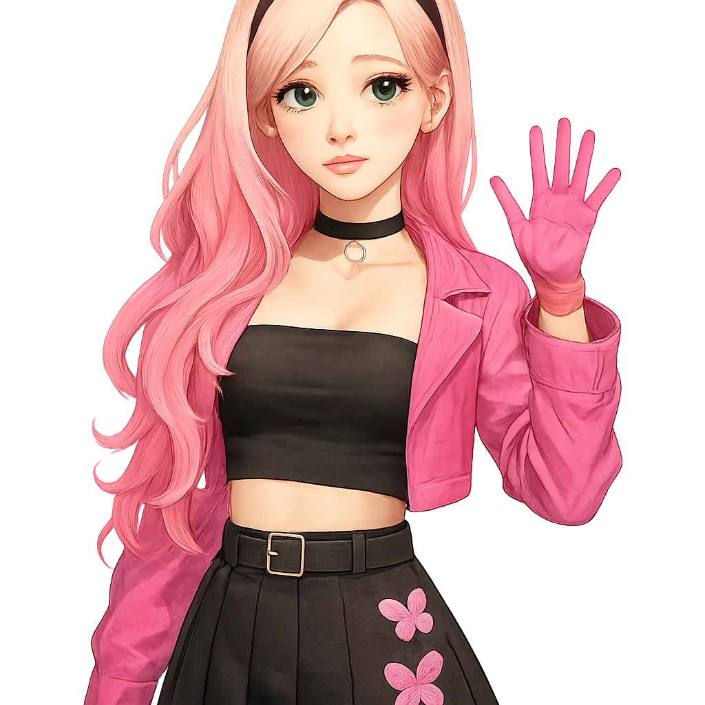 Fluttershy reimagined as a human K-pop idol, with pink and black accents, transparent background emoji