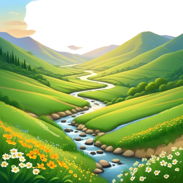 Cinematic Realistic Valley Emoji, Lush and serene, with gently sloping hills surrounding a vibrant green valley filled with wildflowers and a small stream. The soft, golden sunlight filters through the valley, casting peaceful, warm shadows across the landscape. Soft glowing outline, capturing the essence of natural peace and gentle beauty in a sprawling valley. emoji