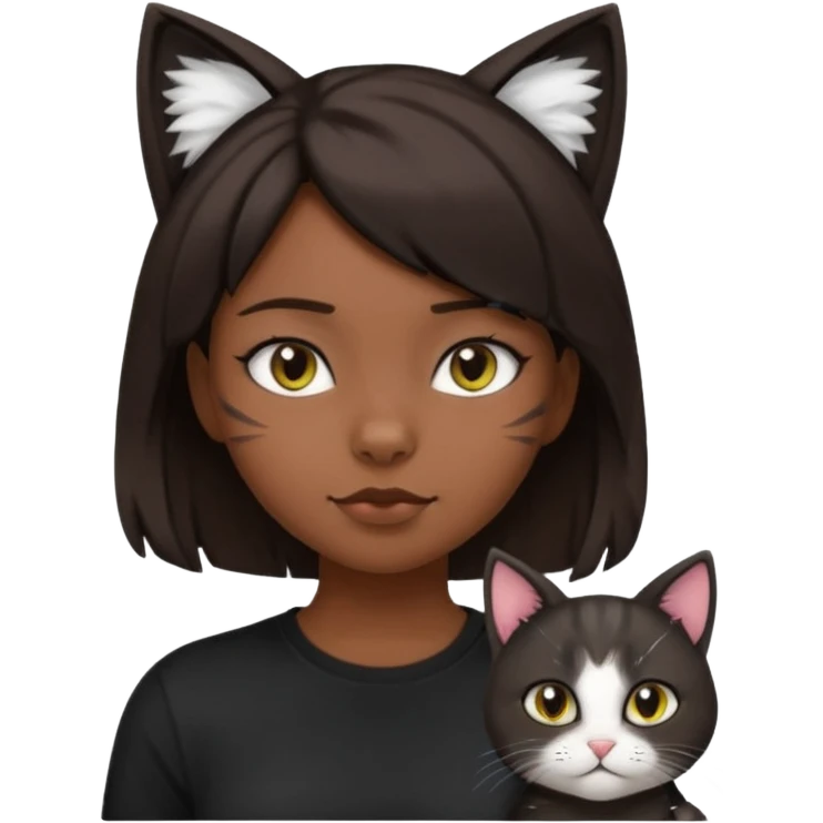 a girl with short dark brown hair with lots of dandruff , cat ears and a tail, with a black t-shirt on emoji