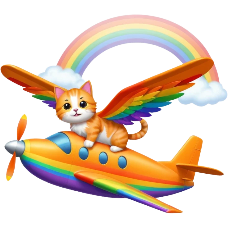 cat flying next to a rainbow airplane emoji