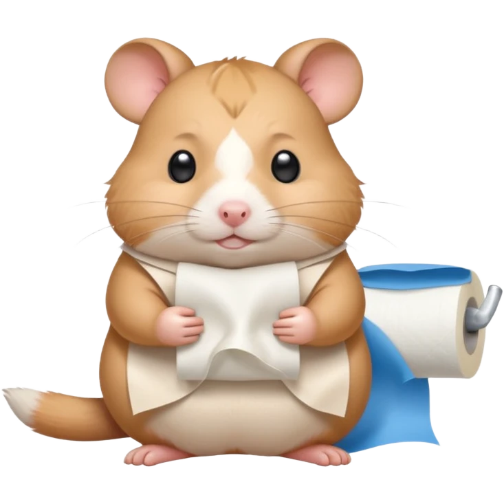 Cute chubby cartoon-style hamster holding toilet paper sitting on toilet looking as if he had an accident, sticker-style illustration emoji