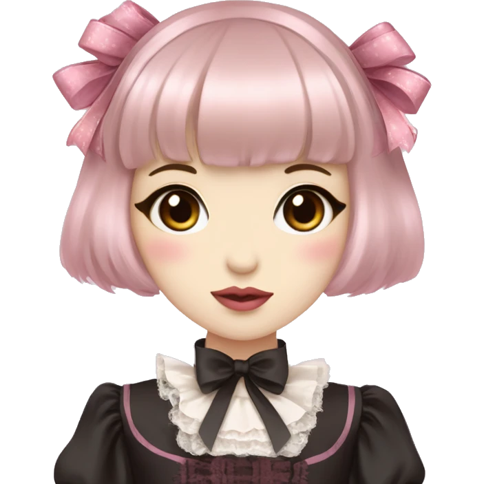 Japanese pale woman with short brown hair and bangs, pink lips and eyeshadow, long eyelashes, brown eyes, pink Lolita dress with laces and ribbons, gothic Lolita doll look emoji