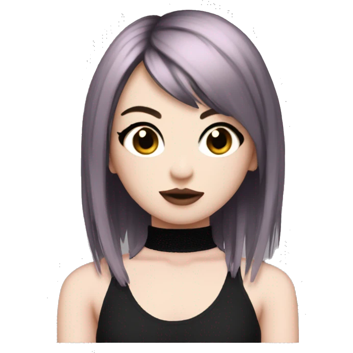 A Emo girl with pale white skin short-long brown hair with pink on the bottom tips with side bangs in pigtails and wearing a fish net black turtle neck halter top emoji