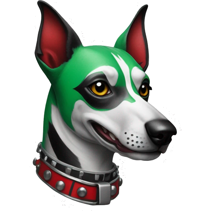 Punk dog spiked collar Green gray black red punk dog Harley Quinn as a dog mime clown harlequin facepaint tattoos punk lurcher surrealism  emoji