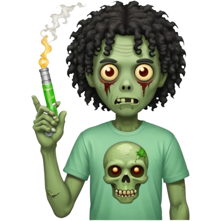 black mid long curly haired zombie getting stoned with weed t shirt and bong on his hand emoji