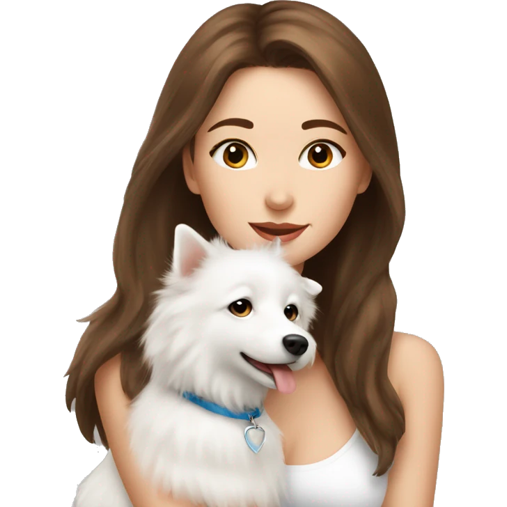 beautiful girl with brown hair kissing her white spitz dog emoji