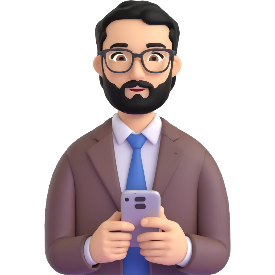 professional man with medium black beard, neat black hair, connected unibrow, olive tan skin, brown eyes, glasses, prominent nose, wearing business casual attire, holding a smartphone in hand emoji