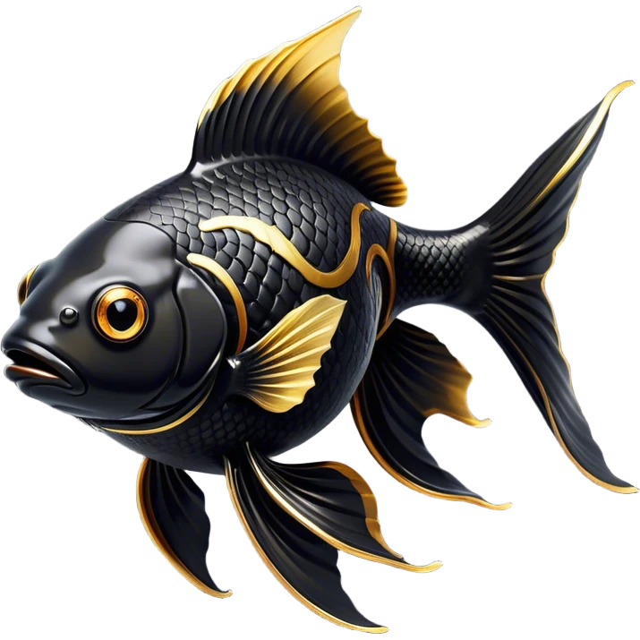 Cinematic Noble Black Goldfish Portrait Emoji, Poised and regal, with a sleek, streamlined build and a lustrous, deep black body, deep-set soulful golden eyes, Simplified yet sharp and sophisticated features, highly detailed, glowing with a soft, dignified glow, high shine, intelligent and graceful, stylized with an air of aquatic elegance, focused and attentive, soft glowing outline, capturing the essence of a watchful and confident aquatic companion, so majestic it feels as though it could glide out of the screen with effortless authority! emoji