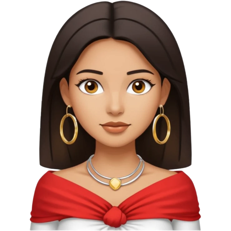 latina makeup olsun, saçları düz, halka küpeler büyük gümüş renginde olsun, kolye taksın ve beyaz bir Bandeau top kıyafet giyisin emoji