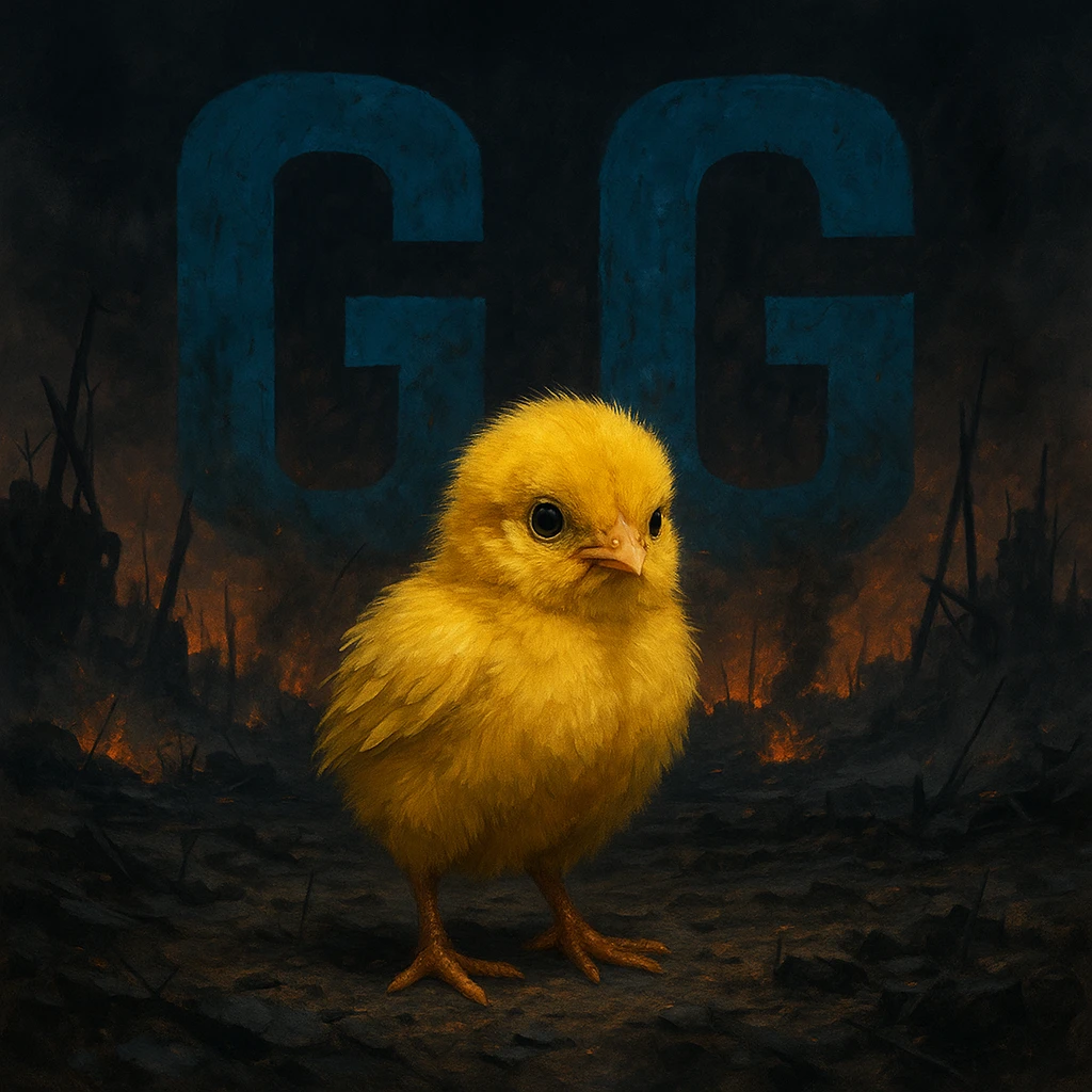 Yellow chick in a dark apocalyptic landscape with large, visible blue letters 'GG', dramatic and contrasting style, moody and intense environment. emoji