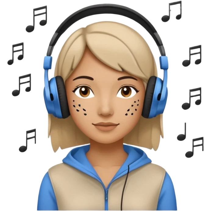 A stylized young woman lying on a massage table, relaxed, wearing headphones, small musical notes around the head. Flat vector style, thick black outline, simple palette (warm beige-brown tones + accent blue), clean background, high legibility at small size. 72x72, square, vector. emoji