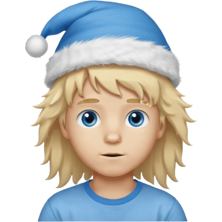 create boy blonde hair long messy, light eyes, white t shirt, rich, long hair, eyes blue, acessory head cristimas blue hat, long hair, fluffy hair emoji