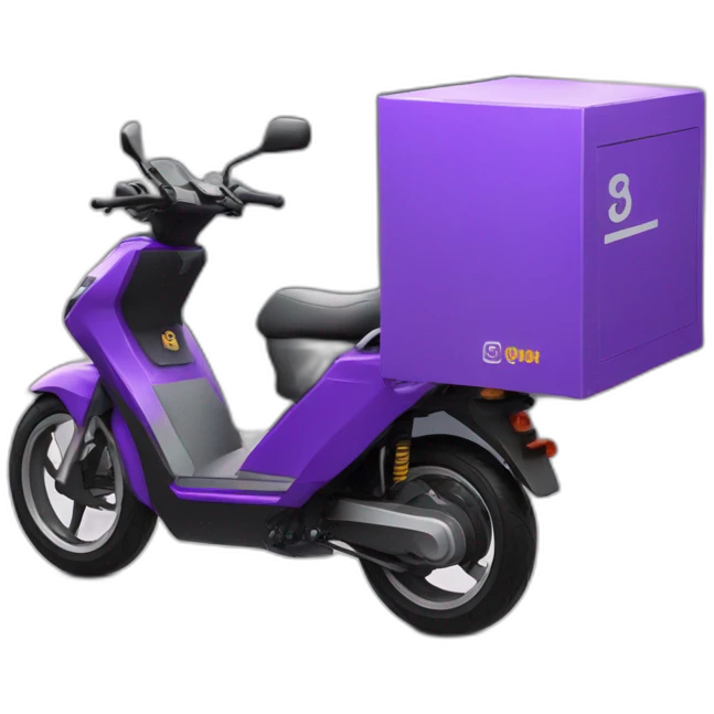 a purple delivery electric motorbike with delivery man and small b white logo emoji