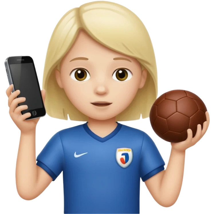 A white child is holding a phone and playing football at the same time. emoji