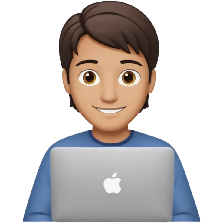 A man in his mid 20s, middle part average dude with slightly droopy eyes, happy, using a MacBook (no logo), hero for an iOS developers website emoji