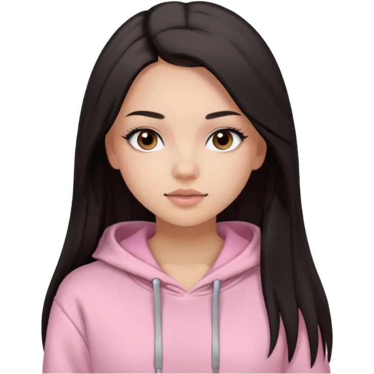 A pretty girl with light skin and long straight black brown hair, wearing a very light pink basic hoodie with brown eyes and makeup and a round face emoji
