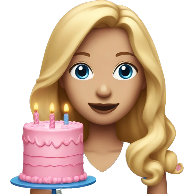 Woman with long blonde hair and blue eyes holding a pink birthday cake  emoji