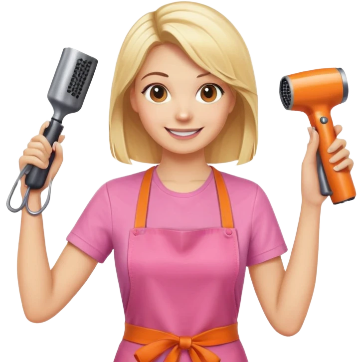 smiling blonde woman hairstylist wearing pink t-shirt and orange apron, hands raised, holding scissors and hairdryer clearly visible emoji