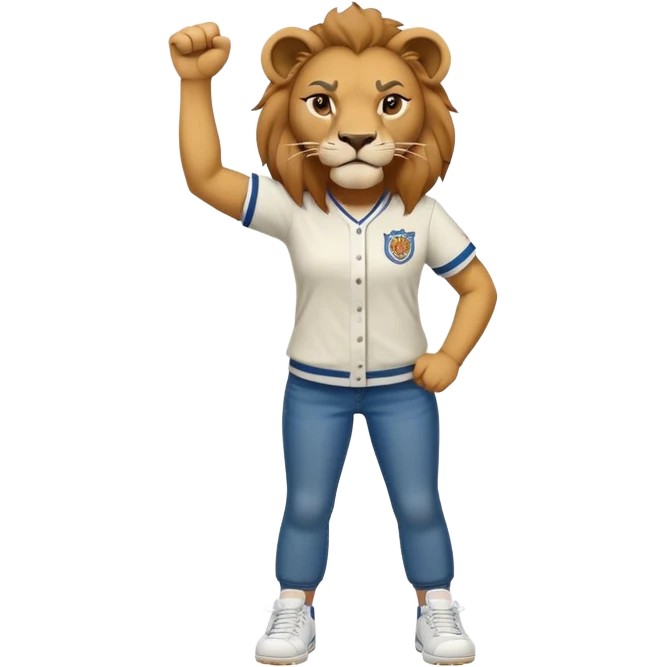 friendly anthropomorphised female lion wearing baseball shirt, jeans, trainers, standing upright with one fist raised, angry expression, no sunglasses emoji