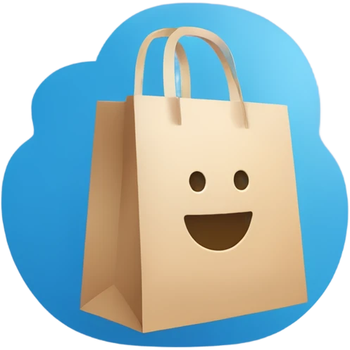 Create a minimalist logo merging a chat bubble and shopping bag in a blue color palette. Focus on clean, modern design, symbolizing communication and commerce. Keep it versatile and recognizable for digital and print use. emoji