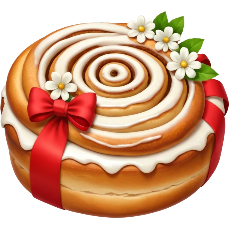 A cinnamon roll , white flowers bouquet with red ribbon and cute white bow emoji
