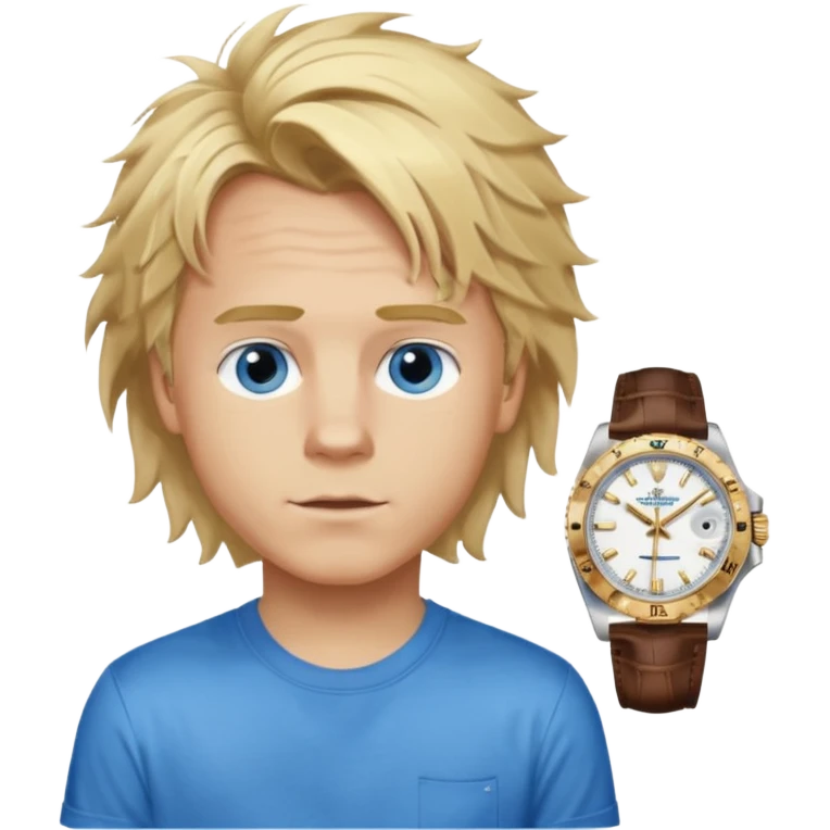 Create a look for a blond boy with long, tousled hair, light eyes, a white t-shirt, a wealthy appearance, blue eyes, and accessories like a Rolex or Cartier watch, and a cute face with messy hair down. emoji
