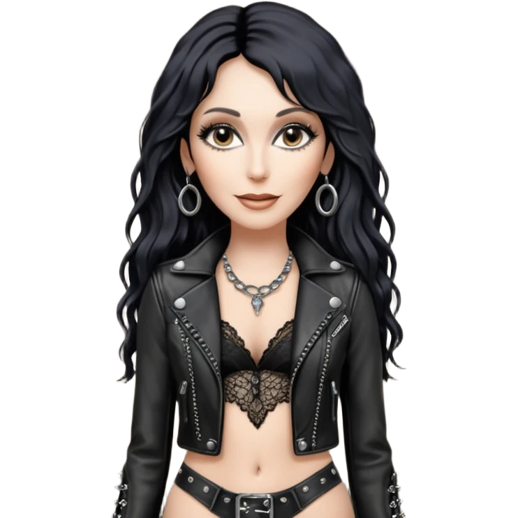 realistic cinematic singer Cher in a typical rocker's attractive outfit with leather and lace, half-naked as in the video If I Could Turn Back Time emoji