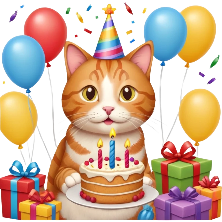 Ginger tabby cat celebrating birthday, birthday hat, birthday cake, balloons, happy, gifts emoji