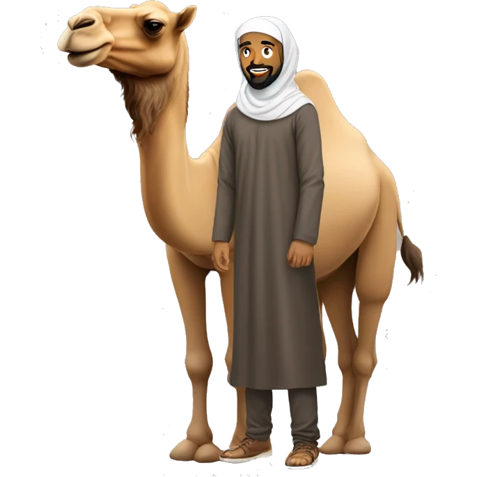 Brown Arab man with beard and hijab next to a camel emoji