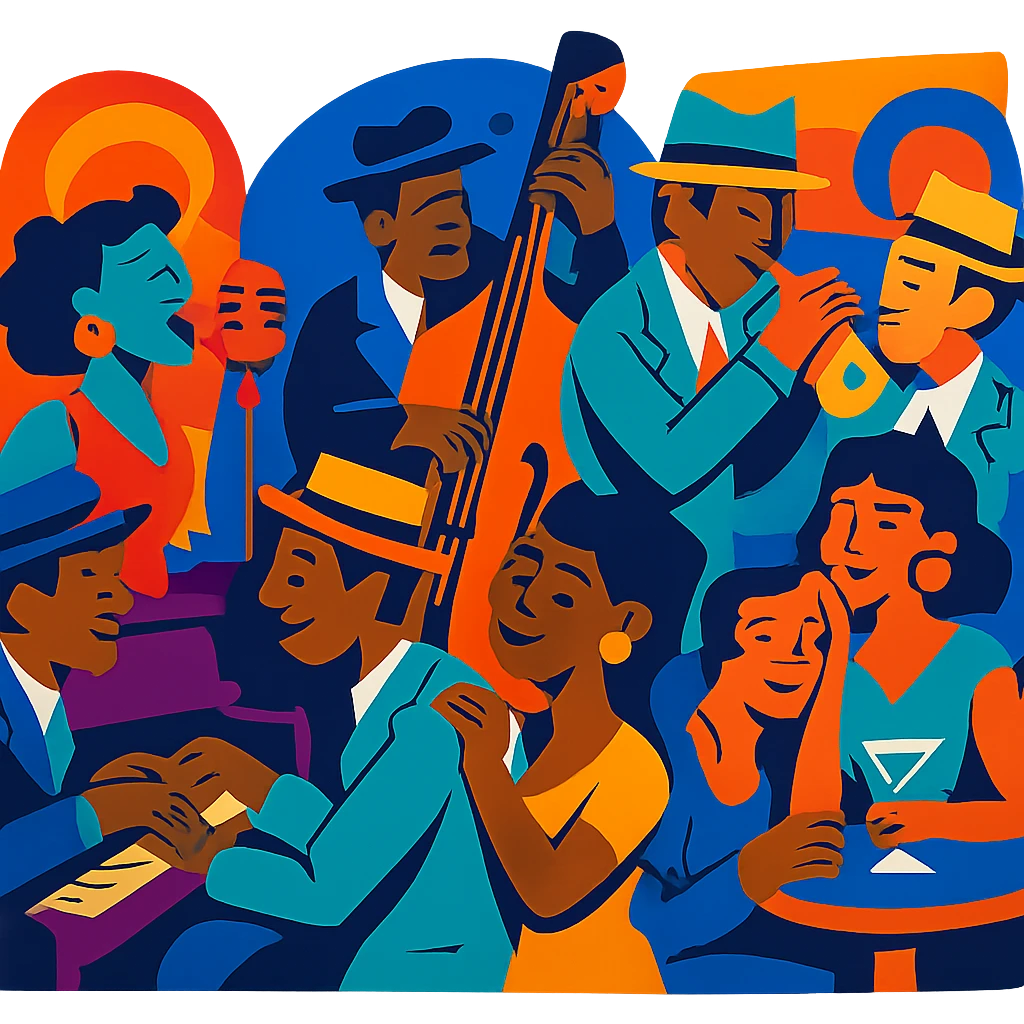 1940s jazz nightclub scene, vibrant toon style, energetic colors, no text emoji