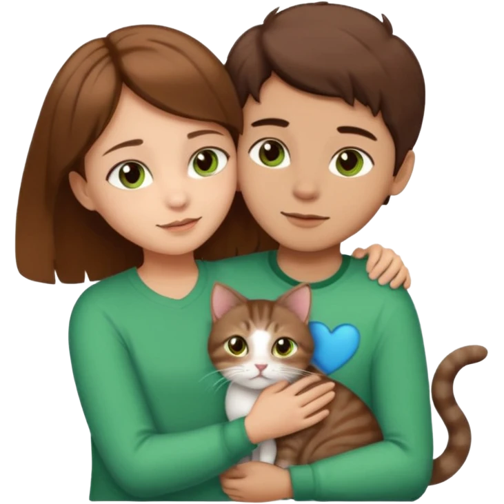 Crea un emoji donde salga un chico de pelo moreno con los ojos claros, una chica de pelo morena con los ojos marrones claros y UN gato europeo comun de pelaje marron oscuro y ojos verde claro, quiero que se esten abrazando el chico y la chica, y el gato este en el medio de los dos emoji